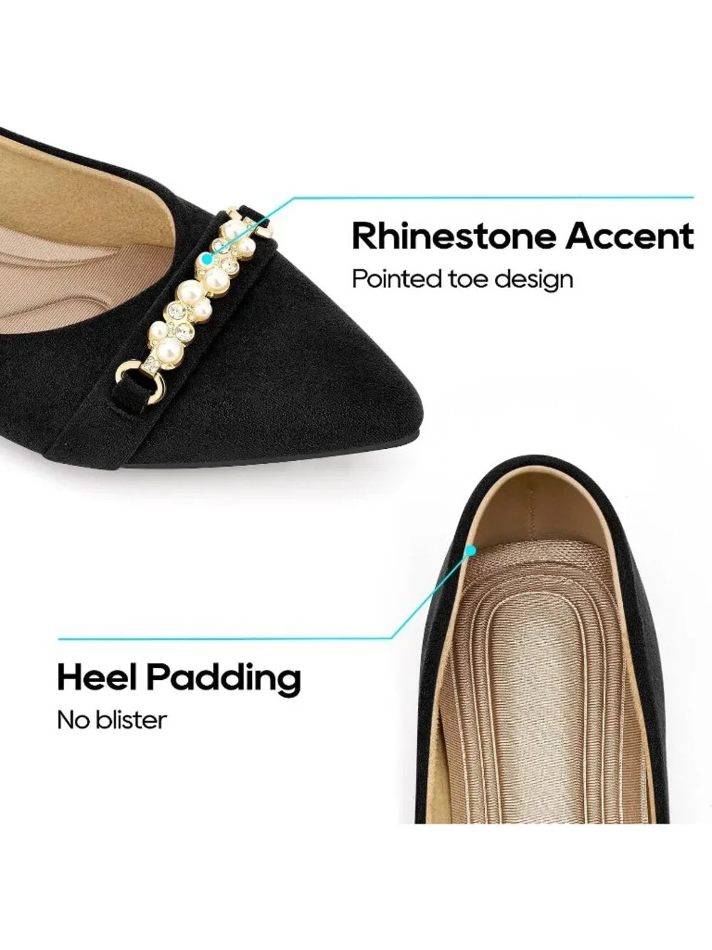 Women's Black Rubber Rhinestone Pointed Toe Flats Comfortable Slip On Shoes